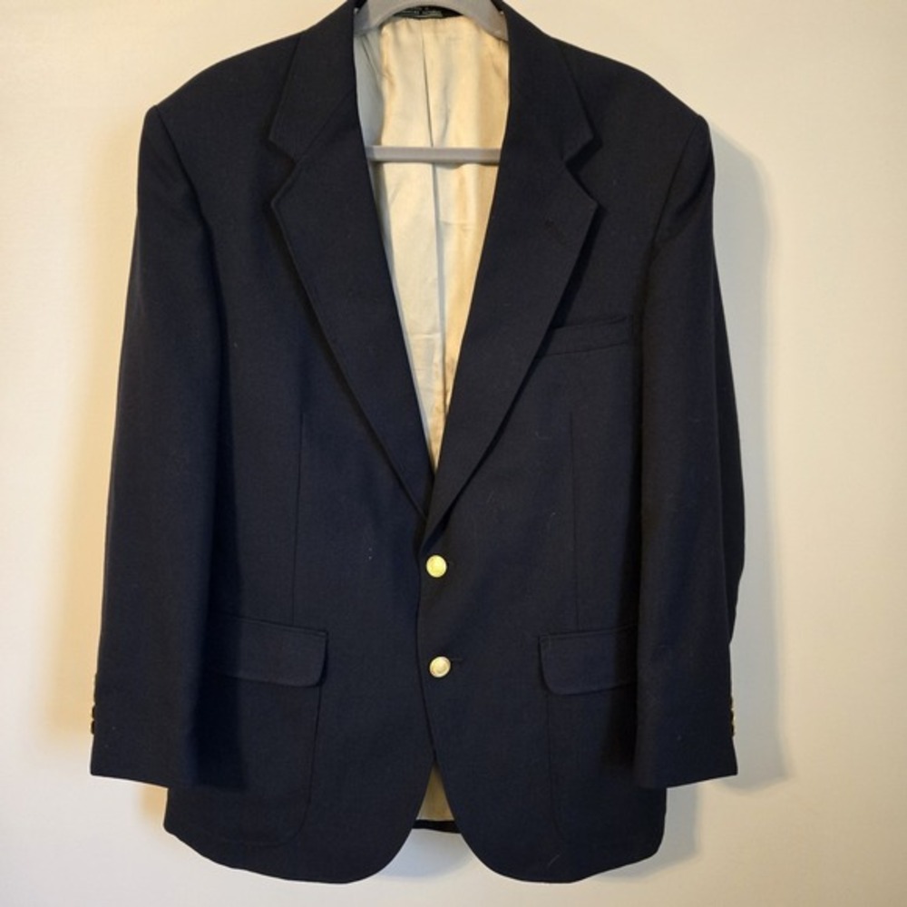 Stanley Blacker 42R Navy Blue‎ Hopsack Gold Button Blazer Sport Coat Jacket FLAW